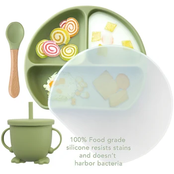 Настраиваемый Логотип, 100% Пищевой Силиконовый Материал, Набор Детской Посуды Для Тренировок, Вилка, Ложка, Соломенная Чашка С Крышкой, Обеденная Тарелка