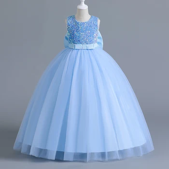 Вечерние платья для девочек 12-14 лет, Голубое платье с блестками и бантом, Праздничное платье для выпускного вечера для детей, Детский костюм для официальных мероприятий, Одежда Принцессы на День рождения