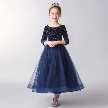 Темно-синее платье принцессы для девочек, Рождественская вечеринка для детей, бальное платье, Элегантные вечерние платья, длинный роскошный женский праздничный костюм 2022 года
