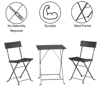 Роскошный домашний складной набор для бистро в патио – стол и стулья для кафе из ротанга и стали из 3 предметов, черный