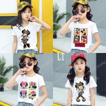 Детская футболка с Минни Микки Маусом, Дисней Каваи, футболка с леопардовым принтом, аниме, мультфильмы, Повседневная одежда для девочек и мальчиков, короткий рукав