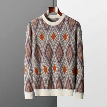 Осенне-зимняя новинка 2023, мужская одежда, Жаккардовый кашемировый свитер с круглым вырезом, цветной пуловер, свободный и дышащий Свитер