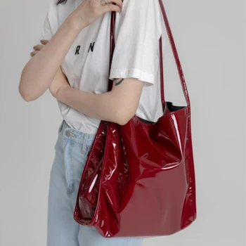 Простая женская Повседневная сумка для покупок Большой емкости, Модные женские сумки через плечо из лакированной кожи, Женские однотонные сумки