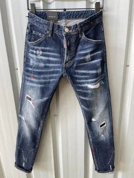 2023 новые мужские джинсы D2, модные облегающие синие леггинсы с отверстиями для воды в заплатке от краски