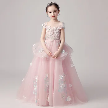 Прогулка для девочек, детская юбка с розовым цветком, Пышная пряжа с открытыми плечами, выступление маленькой ведущей, Детское свадебное платье