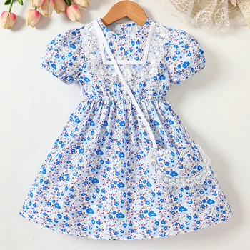 Модная летняя юбка с цветочным рисунком + Маленькая сумочка с цветочным рисунком для девочек, Милые кружевные костюмные платья без рукавов, Повседневная одежда, наряды для детей от 1 до 6 лет