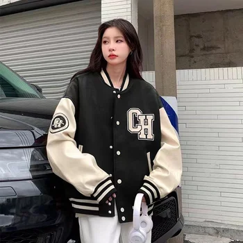 HOUZHOU Винтажная университетская куртка Женская Оверсайз Корейская мода Бейсбольные куртки Y2k Уличная одежда Harajuku Пальто с вышивкой для колледжа