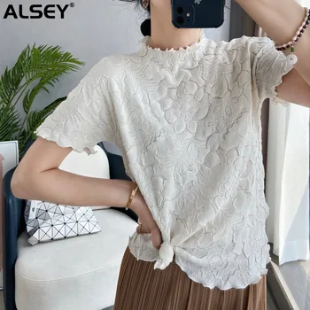 ALSEY Miyake, плиссированная футболка с вышивкой и коротким рукавом до половины горловины, Топ, однотонная женская футболка с вышивкой и рукавом 