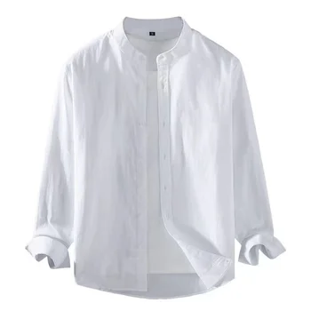 2023 Весна Лето Мужская льняная рубашка Чистый белый воротник стойка с длинным рукавом Henley Мягкая удобная простая тонкая мода