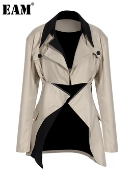 [EAM] Свободный крой цвета Хаки, два способа ношения, нерегулярная куртка, Новое женское пальто с отворотом и длинным рукавом, модный прилив, весна-осень 2023 1DE7081