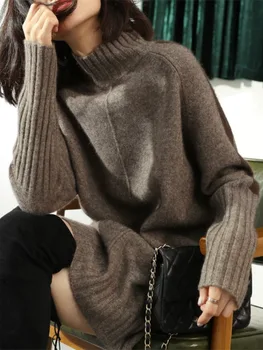 Женский свитер 2023, осень-зима, Новый модный пуловер средней длины с полуприкрытым вырезом, темпераментный однотонный вязаный топ с запахом от бедер