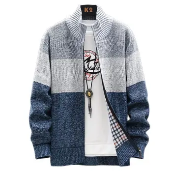 Осенне-зимний Корейский стиль, мужской кардиган в стиле пэчворк, свитера, Мужской свитер со стоячим воротником, пальто, вязаная куртка на молнии, Мужской 8818