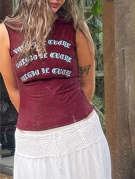 Укороченный Топ с коротким рукавом и принтом Y2K для женщин, Милая Сексуальная Футболка в стиле панк с графическим Рисунком E-Girls, Специальные футболки для подростков, Уличная одежда (47-Wine