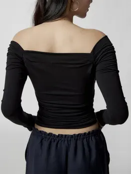 Женские укороченные топы с открытыми плечами, длинный рукав, приталенная сексуальная рубашка Y2K, уличная одежда