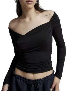 Женские укороченные топы с открытыми плечами, длинный рукав, приталенная сексуальная рубашка Y2K, уличная одежда