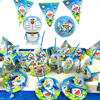 Doraemon Тема День Рождения Украшения Поставки Бумажный Стаканчик Тарелка, Скатерть, Вымпел, Топпер для Торта, Воздушный шар для Душа Ребенка, Подарки для детей