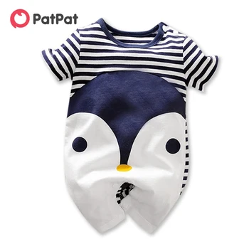 Детский комбинезон PatPat из 100% хлопка в полоску с принтом пингвина с коротким рукавом