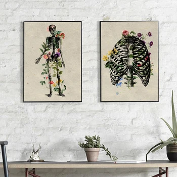 Цветочный Плакат со Скелетом, Растительная картина на холсте, Альтернативный художественный принт, Современная настенная картина для гостиной, домашний декор