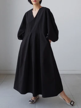 Длинные платья для женщин с V-образным вырезом и длинным рукавом, однотонная женская одежда со свободной талией, Модное удобное платье черного цвета для отдыха