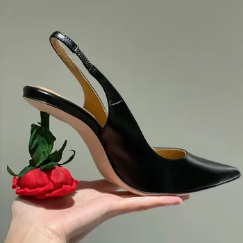 Новые женские туфли-лодочки на необычном высоком каблуке с цветком розы, сексуальные босоножки с острым носком, роскошные кожаные облегающие модельные туфли для девочек