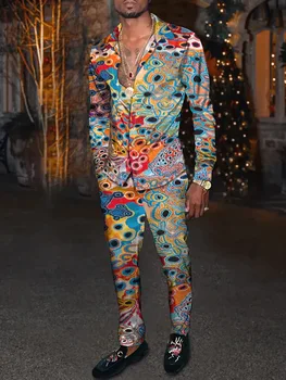 Модный костюм, Мужская одежда, Рубашка с длинными рукавами и принтом галстука-красителя в стиле граффити, Брюки, Комплект из 2 предметов, Повседневная одежда большого размера, Уличная одежда в стиле хип-хоп