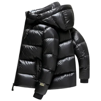 Зимняя пуховая куртка Мужская Гусиная куртка для водонепроницаемого Модного короткого пуховика с капюшоном Черный Роскошный бренд с теплым Пером