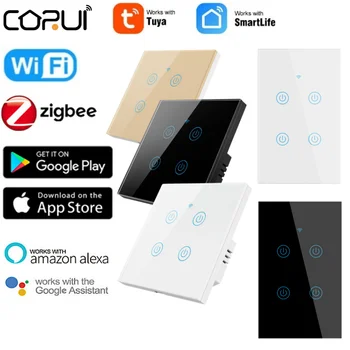 CORUI Tuya WiFi ZigBee США ЕС Умный сенсорный выключатель 1/2/3/4 Банды Настенная кнопка Работает С приложением Smart Life Alexa Google Home Assistant