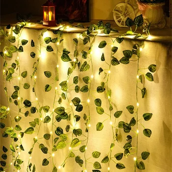 Гирлянды из зеленых листьев, Искусственная Виноградная лоза, Рождественский светильник на батарейках, Украшение для дома, Занавеска, светодиодные фонари