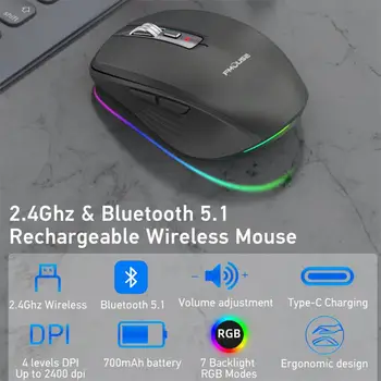 Двухрежимная Перезаряжаемая Беспроводная Мышь 2.4G + BT5.1 RGB Mute Mouse RGB Mute Mouse Для Windows IOS Android Ноутбука Планшета Телефона ПК
