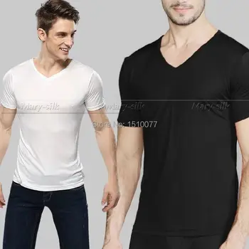 Подарок! Мужские Трикотажные футболки из 100% шелка с V-образным вырезом, Топы США Размера M, L, XL, 2XL, однотонные, черные, белые