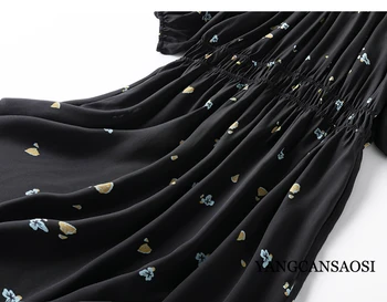 Невероятно Элегантное Женское Модное платье из черного шелкового крепа с двойной горловиной, Реглан, рукав-фонарь, Эластичная двойная линия талии, Женское модное платье