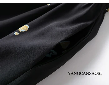 Невероятно Элегантное Женское Модное платье из черного шелкового крепа с двойной горловиной, Реглан, рукав-фонарь, Эластичная двойная линия талии, Женское модное платье