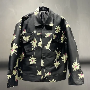 Осенняя Мужская Темная Одежда, Жаккардовые куртки с цветами, Короткие Высококачественные карманы, принт на пуговицах, Повседневное пальто с лацканами 21Z1265