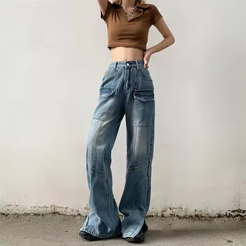 Модные широкие брюки, джинсы оверсайз, женская уличная одежда, Y2k, Брюки-карго, Летний американский стиль, винтажные джинсовые брюки с высокой талией