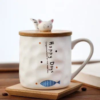 Креативная керамическая чашка с изображением японского милого кота с крышкой и ложкой, Простая чашка для молока, Детская Кружка для завтрака, Кофейные кружки