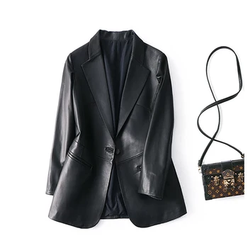 Демисезонный Черный Кожаный Блейзер Женский на одной пуговице, приталенный Дизайнерские Женские кожаные куртки и пальто 5xl 6xl 7xl