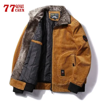 Мужские теплые зимние вельветовые куртки и пальто, зимняя повседневная куртка с меховым воротником, верхняя одежда, мужская термальная ветровка, большие размеры 6XL