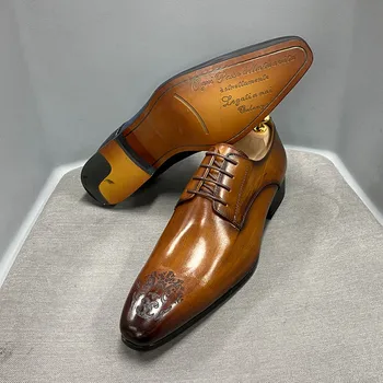 Роскошные брендовые мужские деловые вечерние туфли в итальянском стиле, туфли-дерби с заостренным блоком и резьбой, мужские туфли из натуральной кожи для джентльменов