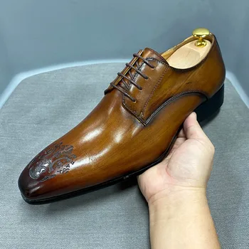 Роскошные брендовые мужские деловые вечерние туфли в итальянском стиле, туфли-дерби с заостренным блоком и резьбой, мужские туфли из натуральной кожи для джентльменов