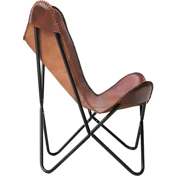Темно-коричневое кожаное кресло ручной работы, кожаное кресло для гостиной, стул-бабочка, железная черная складная рама с порошковым покрытием, с