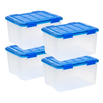 IRIS США, прокладка WeatherPro ™ емкостью 44 кварты, прозрачный пластиковый ящик для хранения с крышкой, синий, набор из 4 ящиков для хранения, коробка-органайзер