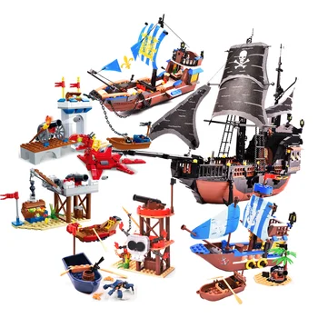 Строительный блок GUDI Пиратская крепость, черная жемчужная лодка, военный корабль Королевского военно-морского флота, портовые кирпичи, игрушка для рождественского подарка