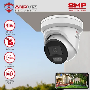 Anpviz 8MP 4K POE IP-камера Наружная 24/7 Полноцветная 30m CCTV Видеонаблюдение IP67 Max 512GB SD-карта H.265 + Звуковая световая сигнализация