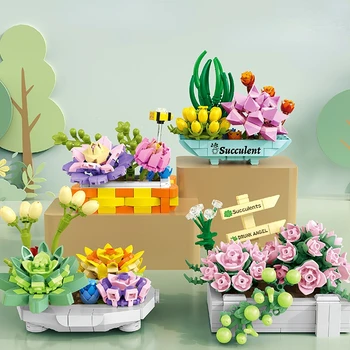 Собранные Строительные Блоки Цветок Сочный В горшке Мелкие частицы DIY Игрушка Украшение Подарок
