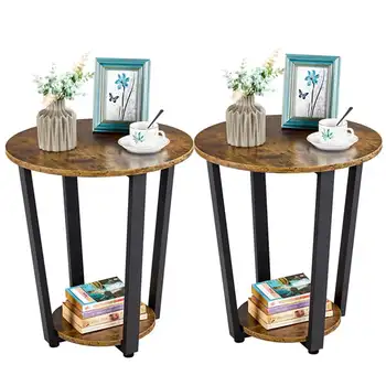 2шт круглых деревянных приставных столиков, коричневого цвета в деревенском стиле