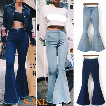 Винтажные синие брюки-клеш с высокой талией, женские джинсы, однотонные облегающие Сексуальные Модные Повседневные Универсальные брюки, Летние 2023 Новые