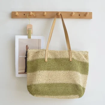 Плетеная соломенная сумка ручной работы в полоску - простая женская сумка через плечо