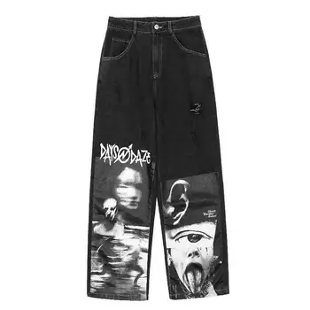 Готические Мешковатые джинсы, женская уличная одежда в стиле панк-хиппи, Широкие брюки с принтом Оверсайз, Harajuku, Джинсовые брюки в стиле Гранж, Винтаж