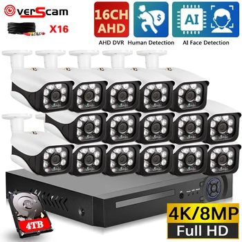 Набор Аналоговых камер видеонаблюдения с функцией распознавания лиц 16CH 4K DVR Комплект Системы видеонаблюдения с камерой ночного видения AHD 8CH