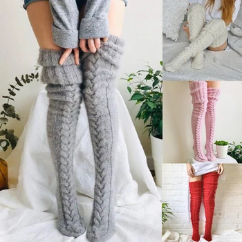 1 пара Новых Женских Шерстяных вязаных носков выше колена Для девочек, однотонные зимние Теплые Длинные Чулки, Гетры для Косплея